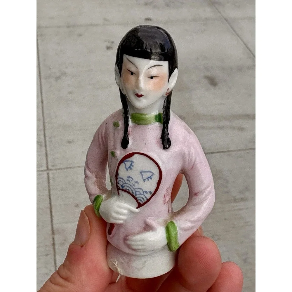 Antique Flapper Half Doll Pincushion Asian Lady W Fan
